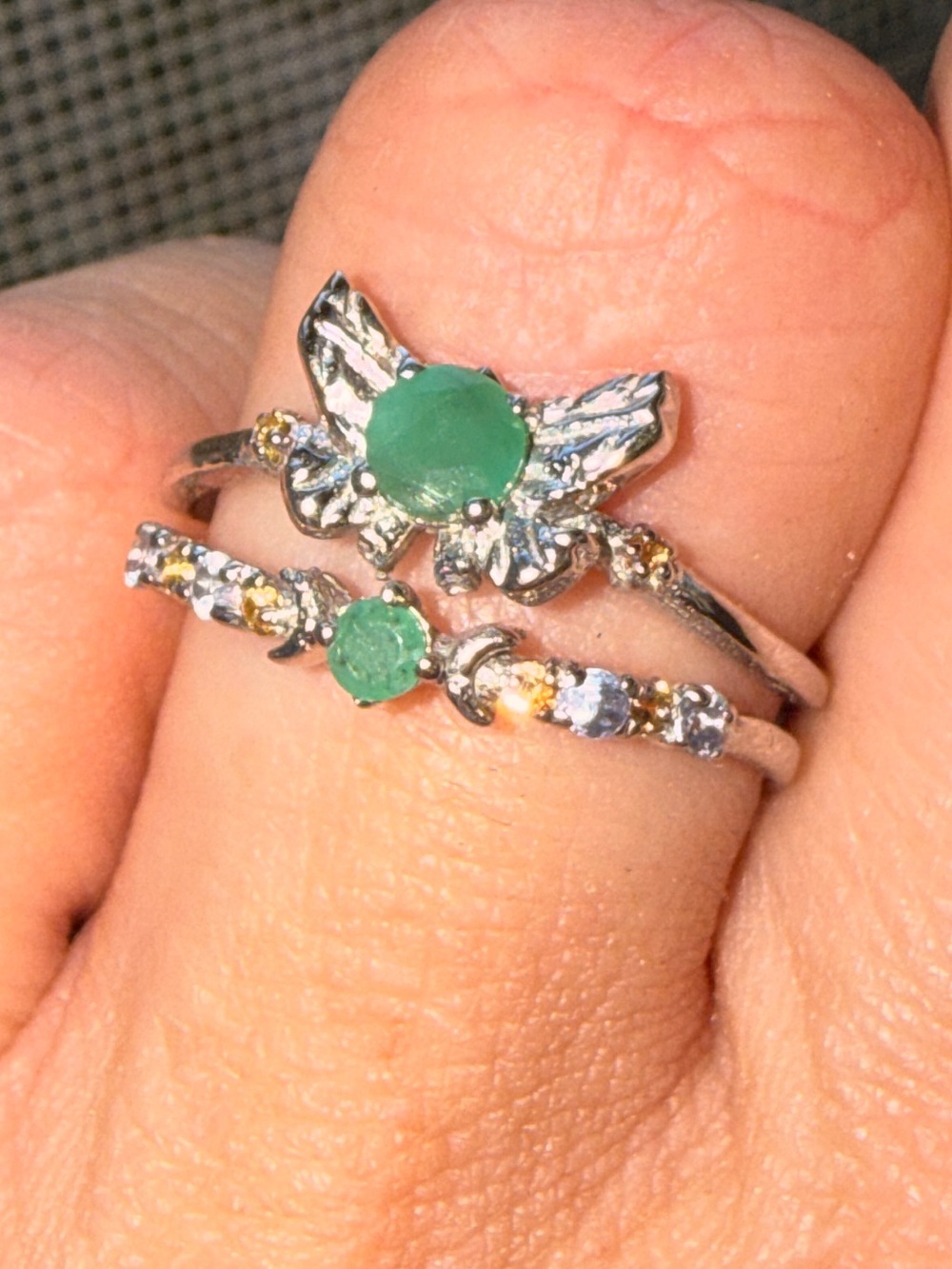 ✨New✨Natural Green Emerald , Sapphire & Tanzanite Butterfly 🦋 & moon 🌙 Sz7.5